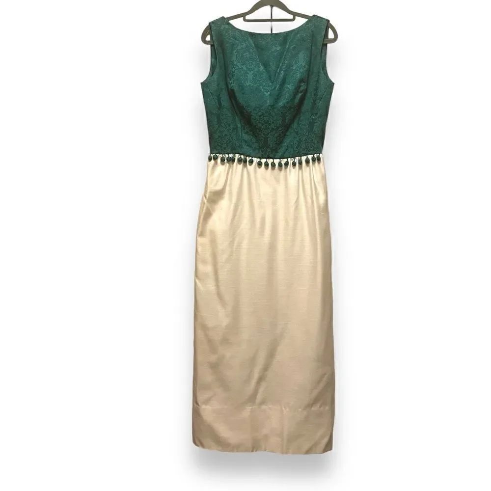 Vintage 60’s Gale Mitchell Green and Ivory Brocade Dress Size S